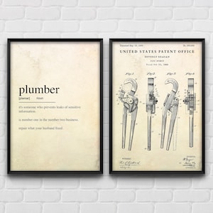 Plumbing Wall Art: Plumber Definition & Pipe Wrench Patent Posters, Gift for Plumber, Man Cave, Workshop Decor, Set Of 2 Prints
