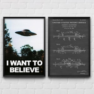 UFO Flying Saucer Patent Wall Art, I Want To Believe Poster, Sci-Fi, Alien Theme Decor, Geek Gift, Set Of 2 Prints