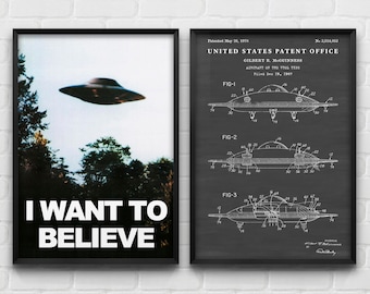UFO Flying Saucer Patent Wall Art, I Want To Believe Poster, Sci-Fi, Alien Theme Decor, Geek Gift