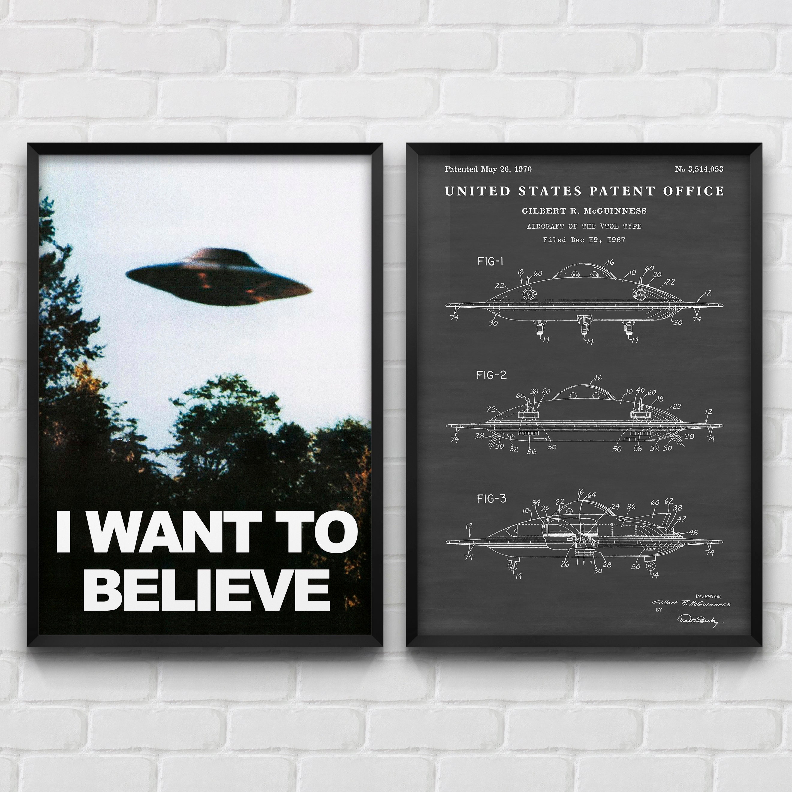UFO Flying Saucer Patent Art, I Want to Believe Poster, Sci-fi