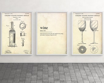 Wine Definition & Wine Bottle, Stemmed Glasses Patent Posters, Wine Wall Art, Wine Gift, Set Of 3 Prints