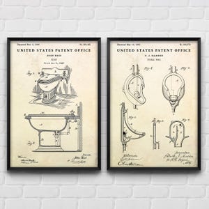 May include: Two vintage patent drawings for toilet designs. The first patent is for a toilet bowl design from 1888 by John Reid. The second patent is for a urinal design from 1893 by P.J. Madden.