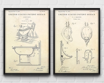 Bidet Urinal Patent Posters, 19th Century Inventions, Bathroom Wall Art (Set of 2 Prints)
