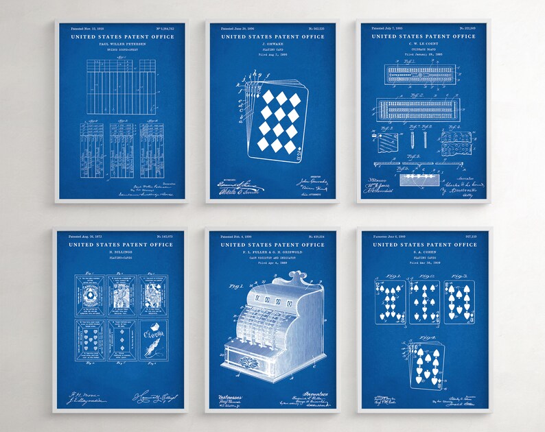 May include: A set of six blue patent prints featuring various designs, including a playing card, a cash register, and a grid pattern. The prints are framed in white and have the text "United States Patent Office" at the top.