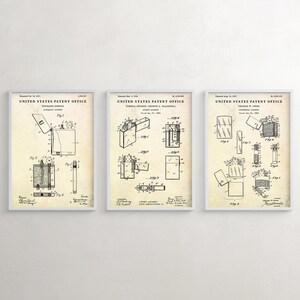 Hinged Lid Lighter Evolution Patent Wall Art, Man Cave Vintage Decor, Flip Top Lighters Inventions Blueprint Poster, Set Of 3 Prints