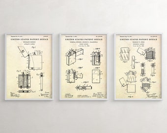 Hinged Lid Lighter Evolution Prints, Vintage Patent Art Set of 3, Flip Top Lighters