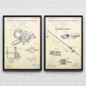 Fishing Reel & Fishing Rod Patent Poster, Inventions Blueprint, Fisherman Gift, Lake House Vintage Decor, Set Of 2 Prints