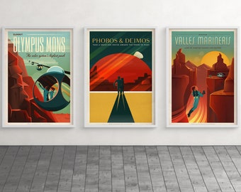 Planeet Mars, ruimtereis retro kunst aan de muur, vintage reisposters, cadeau ruimteliefhebber, set van 3 prints