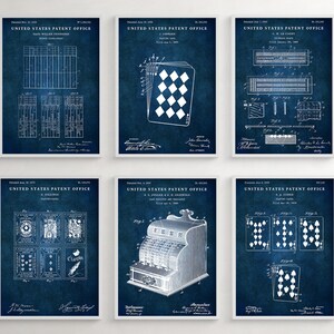 May include: Set of six vintage blue and white patent prints featuring playing cards, a cash register, and a card game. The prints are framed in white and have a distressed look.