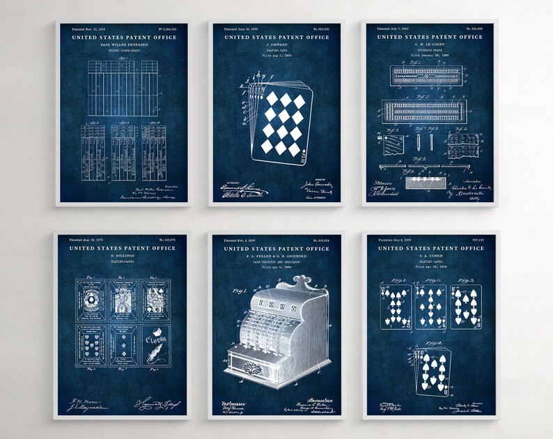 May include: Set of six vintage blue and white patent prints featuring playing cards, a cash register, and a card game. The prints are framed in white and have a distressed look.