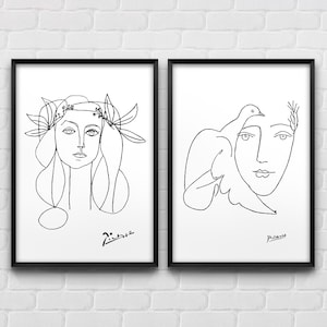 Picasso Wall Art: Female Face, Dove Peace Line Art Sketches, Minimalist Poster, Scandinavian Decor, Set Of 2 Neutral Prints