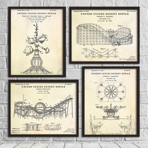 Vergnügungspark Patent Wandkunst: Vergnügungsfahrt Achterbahn Erfindungen, Loop The Loop Blueprint Poster, Set Mit 4 Drucken