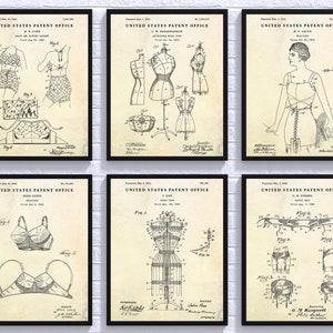Arte de parede da moda: estampas de patentes de lingerie vintage, presente de costureira, decoração de costura, conjunto de 6 pôsteres