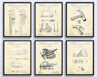 Timmerman, kunst aan de muur loodgieter, handgereedschap octrooiafdrukken, cadeau klusjesman, garage man Cave vintage decor, set van 6 blauwdrukposters, set van 6 blauwdrukposters