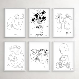 Pablo Picasso Line Art Sketches, Modern Wall Decor, Minimalist Poster, Set Of 6 Prints