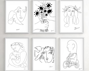 May include: Set of six black and white line art prints featuring various abstract figures and designs by Pablo Picasso. The prints include a dove, a bouquet of flowers, a woman with a wreath, a woman breastfeeding a child, a woman with a dove, and a man riding a bicycle.