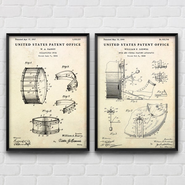 Art mural batteur : impression brevet de batterie, cadeau pour musicien, décoration vintage de salle de musique, lot de 2 impressions de batterie