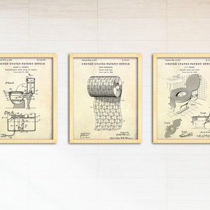 Bathroom Decor, Toilet Wall Art, Patent Posters, Restroom Vintage WC Decor, Set Of 3 Prints