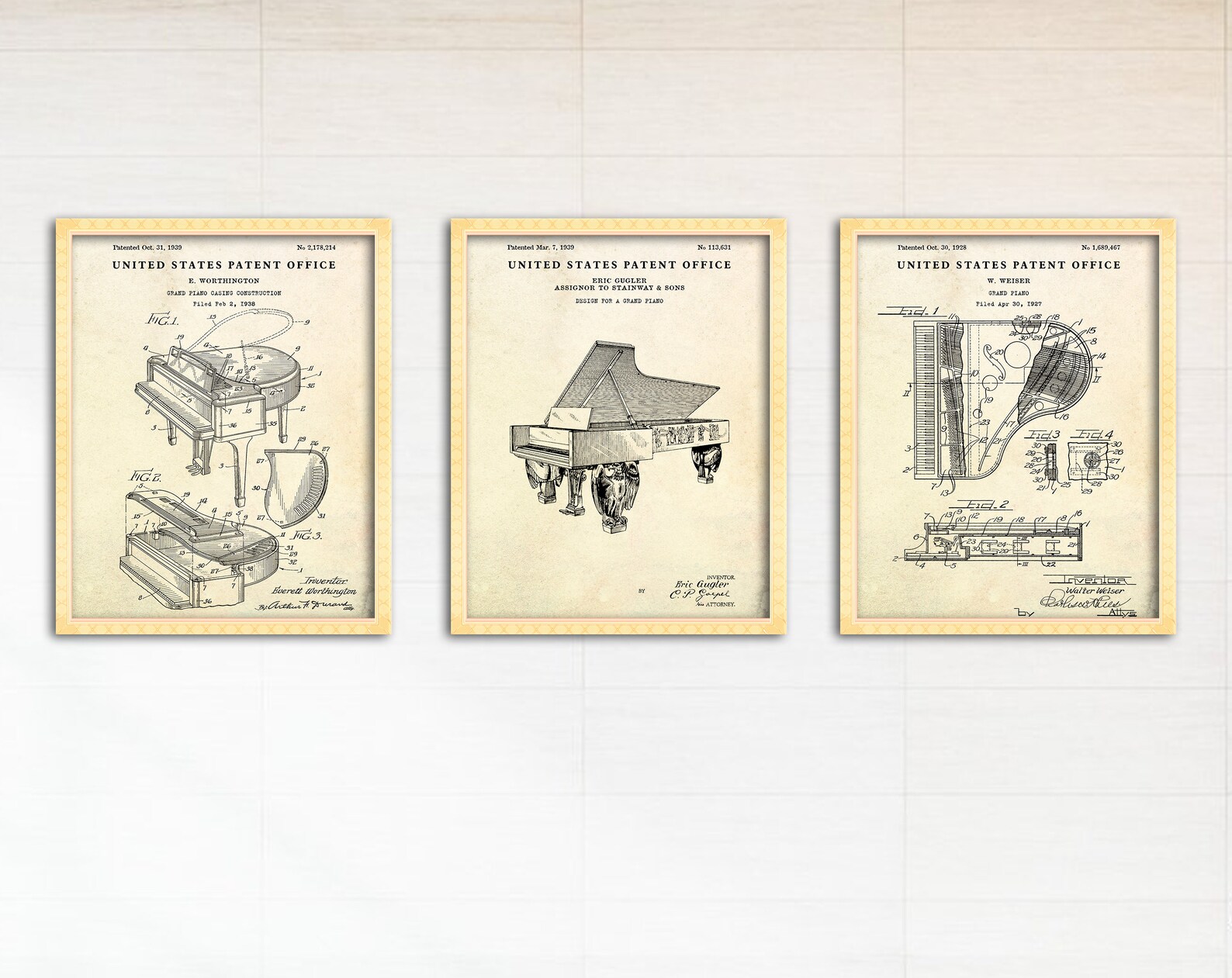 Grand Piano Wall Art: Patent Drawing Posters, Music Room Vintage Decor ...
