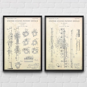Wind Instruments Patent Wall Art: Clarinet and Flute Blueprint Poster, Music Vintage Decor, Musician Gift, Set Of 2 Prints
