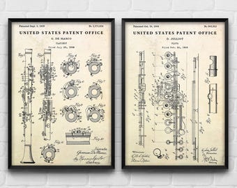 Poster da parete con brevetto di strumenti a fiato: clarinetto e flauto, decorazione vintage musicale, regalo per musicisti
