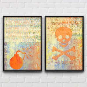 Danger Sign, Jolly Roger Poster, Teenager Room Decor, Abstract Collage Wall Art, Set Of 2 Prints