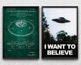 UFO Flying Saucer Patent Print, I Want To Believe Poster, Sci-Fi Art (Set of 2)