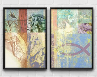 Angels Collage Prints, Christian Poster for Gift, Vintage  Wall Decor, Set Of 2