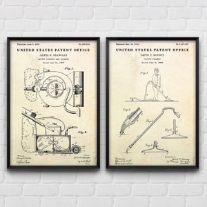 First Electric Vacuum Cleaner Patent Wall Art, Cleaning Vintage Decor, Inventions Blueprint Poster, Set Of 2 Prints