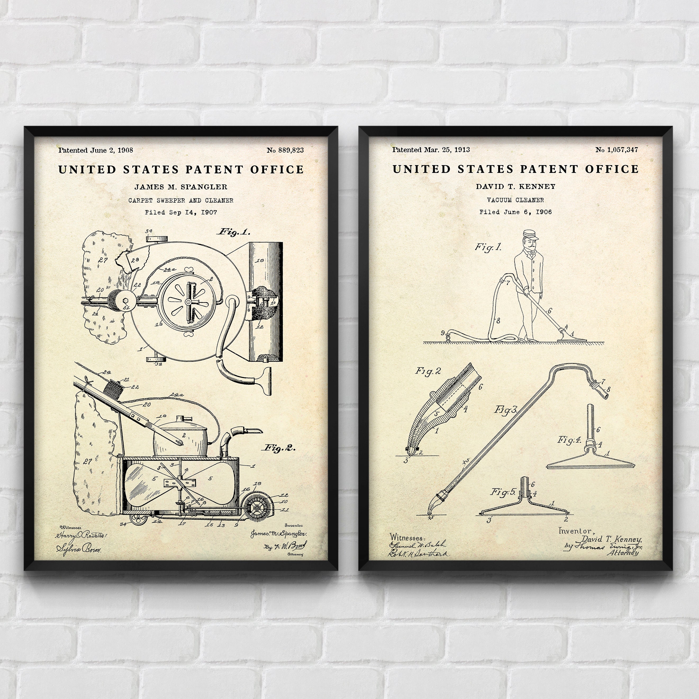 Art mural breveté pour le premier aspirateur électrique, décoration vintage de nettoyage, affiche du plan des inventions, lot de 2 impressions