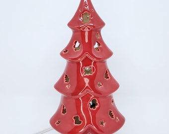Ceramic Christmas Tree Lighted - Red Glazed Tree 9" Tall - Handmade - Cut Outs - Vintage Design - Ready to Ship