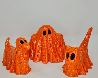Ceramic Ghost with Ghost Dog and Cat - Glazed - Handmade - Ready to Ship