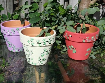 Hand Painted Pottery - Coral, Purple, Yellow Ivy - Clay Pot- Baby room, silverware holder, planter, brush holder