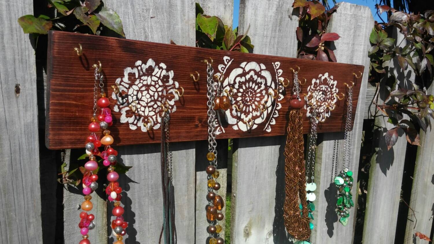 Necklace Display 24 Hooks Cherry Wood Rack Jewelry Wall Hanging