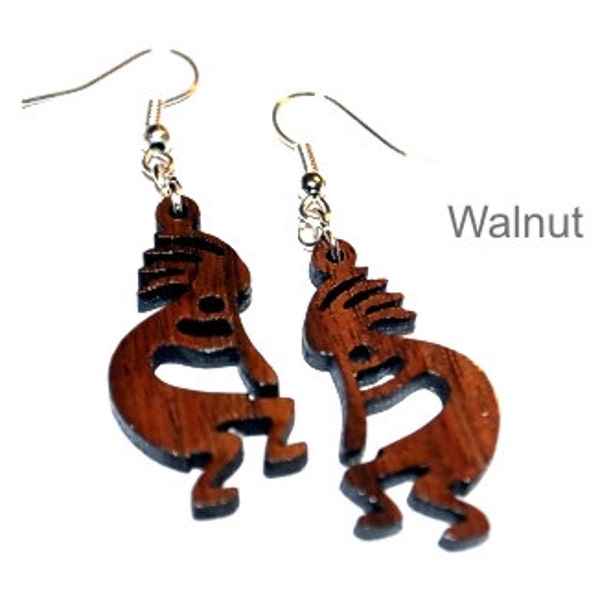 Kokopelli wooden earrings, These wooden earrings are made from solid hardwood. Great for casual wear. Real Wood Jewelry