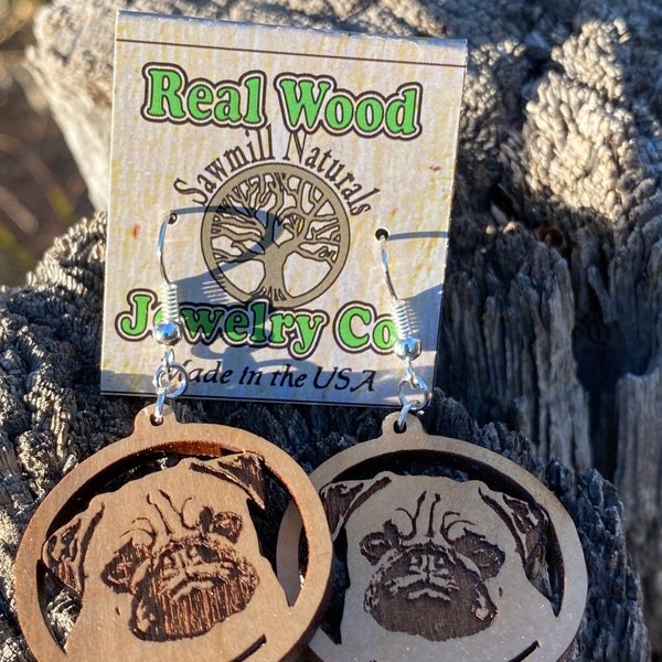 Pug Earrings, Adorable pug earrings for the pug lover in your life.  Natural reclaimed wood earrings