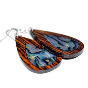 Wooden Earrings, Teardrop,  Bocote with abalone inlay