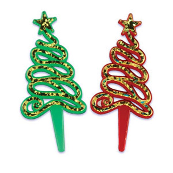 24 Spiral Christmas Tree Cupcake Picks Cake Decorations Etsy