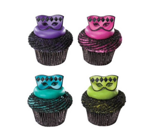 24 Mardi Gras Masquerade Masks Foil Cupcake Rings Party Etsy