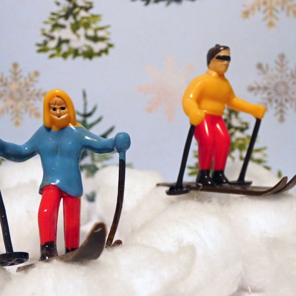 1 3/4" High Pair of Miniature Skiers Cake Topper Miniature Cupcake Decoration Ski Skiing Christmas Village Crafts Mini Retro Look