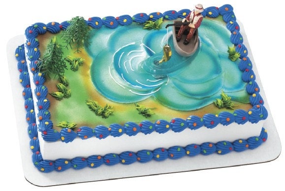 Fishing Cake Topper Gone fishing Cake with Bass Reed Happy  Birthday Sign : Toys & Games