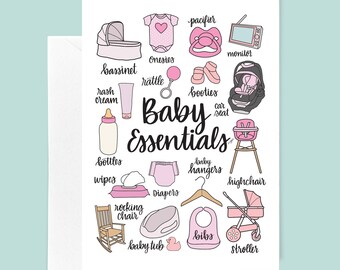 Baby Essentials Card - Pink - Welcome Baby - Hand Lettered Card - Hand Drawn Card - Baby Shower