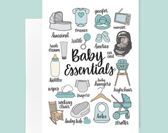 Baby Essentials Card - Blue - Welcome Baby - Hand Lettered Card - Hand Drawn Card - Baby Shower