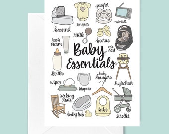 Baby Essentials Card - Yellow - Welcome Baby - Hand Lettered Card - Hand Drawn Card - Baby Shower