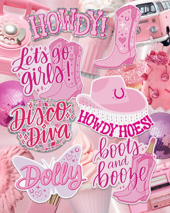 Disco Cowgirl STICKER BUNDLE; Cowgirl Boots; Pink Cowgirl Western Sticker; Hand Lettered; Hand Drawn