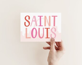 Saint Louis Pink Skyline Card; STL Card; Saint Louis Card; I Heart Saint Louis; Hand Lettered Card; Hand Drawn Card; A6 Card