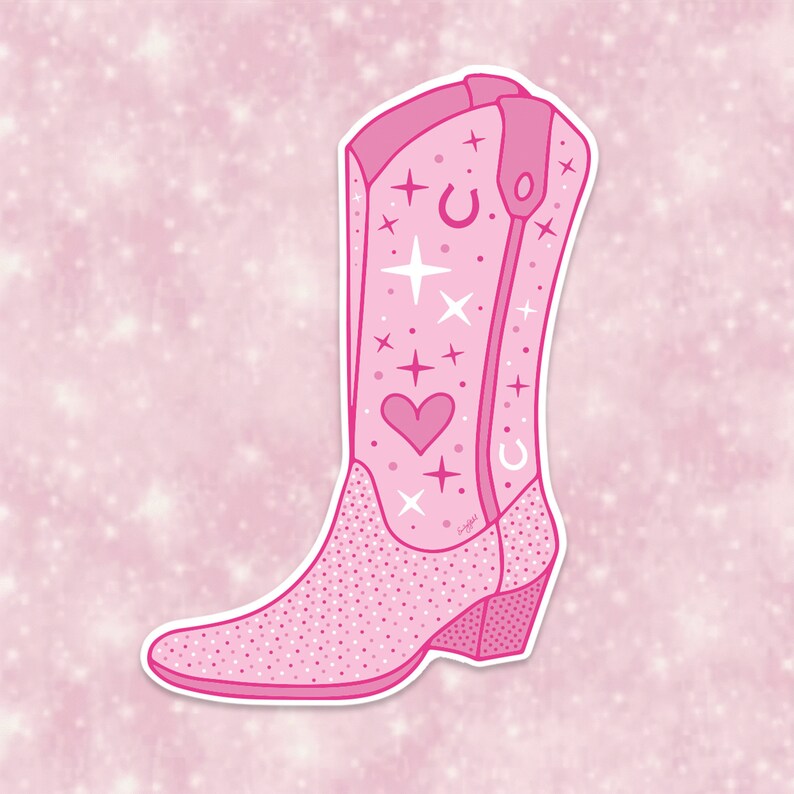 May include: Pink cowboy boot with white stars, hearts, and horseshoes. The boot has a sparkly texture.