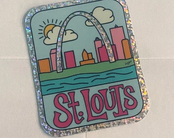 Holographic Glitter STL Sticker; Saint Louis Arch; STL Hand Lettered Sticker; Custom Sticker; Hand Lettered Sticker; St Louis Sticker