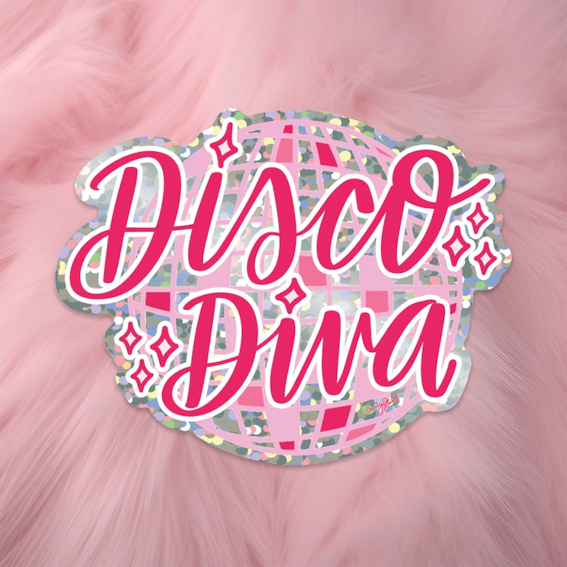 May include: A pink and silver glitter sticker with the text "Disco Diva" and a disco ball graphic.