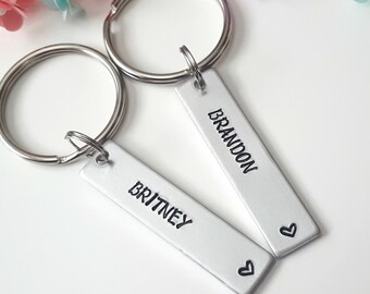 Hand Stamped Couple Keychain Set: Personalized Aluminum Name Keychains